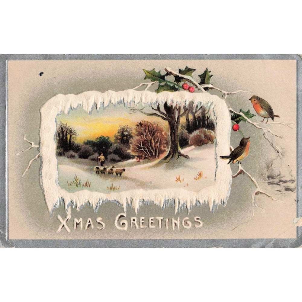 1911 Davidson Bros Christmas Postcard Winter Scene Shepherd Sheep Germany - Picture 1 of 2